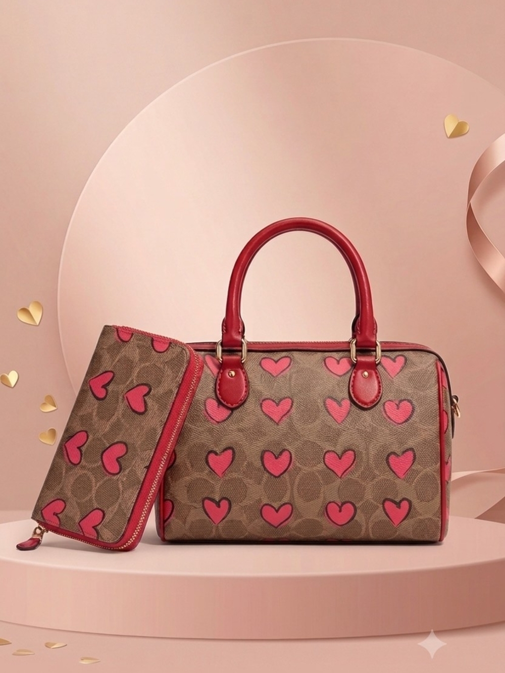 Heart-Print Brown and Pink Top-Handle Satchel